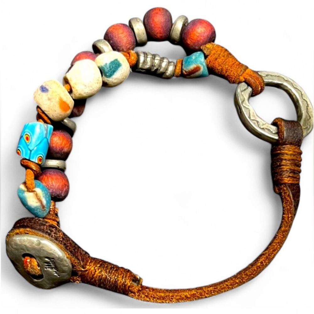 Jes MaHarry Sterling Silver, Hand-made Trade Beads, and Leather Bracelet